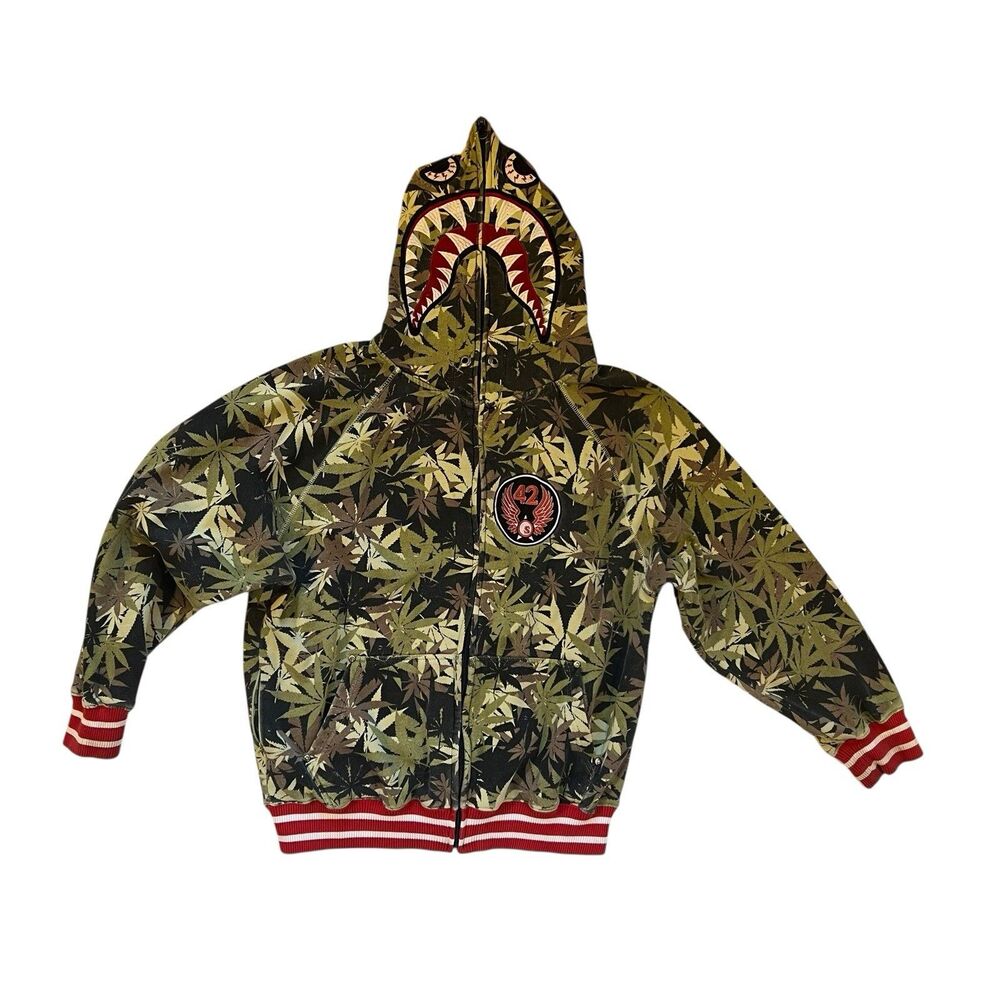 Vintage Seedless Shark Face Weed Leaf Camo Full Zip Hoodie 42 Wings Large